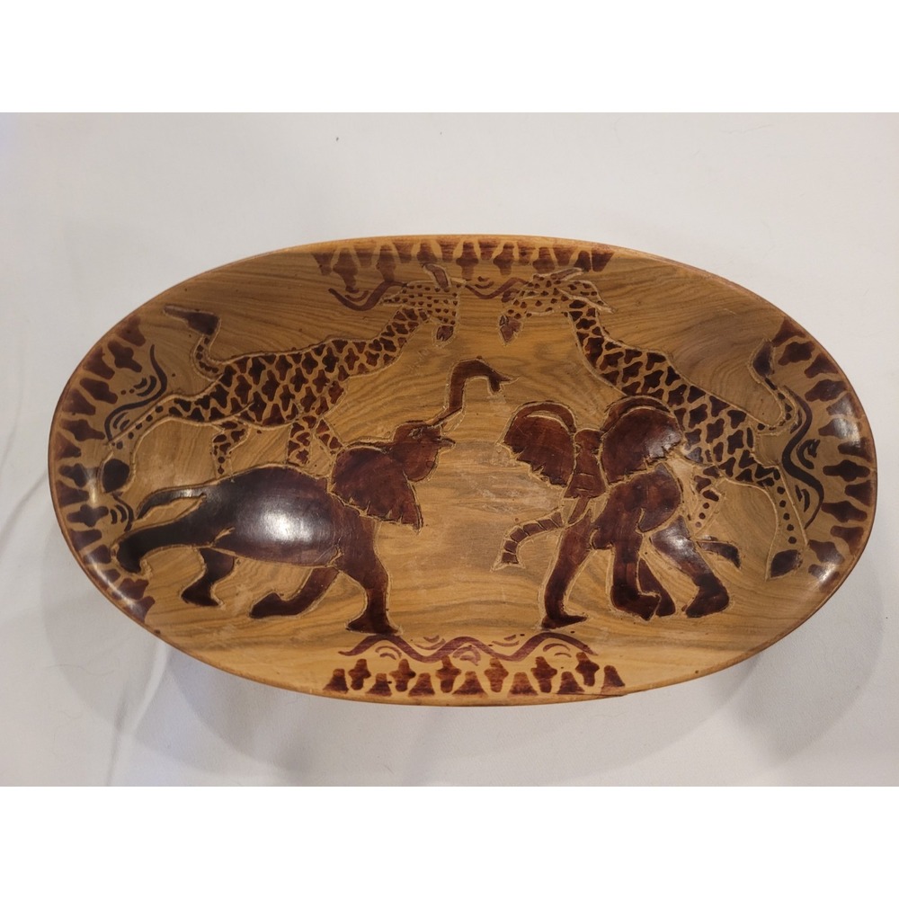 Vintage Hand Carved Wooden Oval Bowl Elephant & Giraffe Silhouette Painted